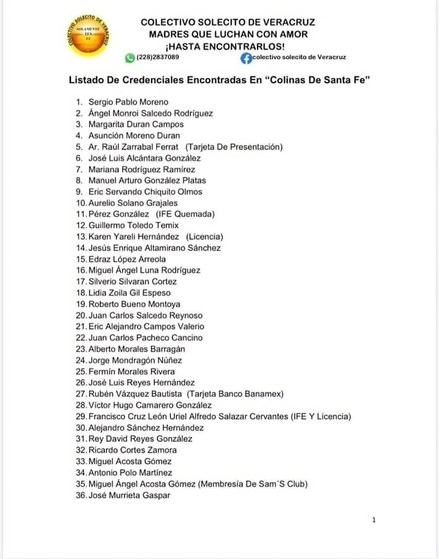 la lista de las personas que se encuentran desaparecidas y este miércoles se encontraron sus 36 credenciales. Foto @SolecitodeVer