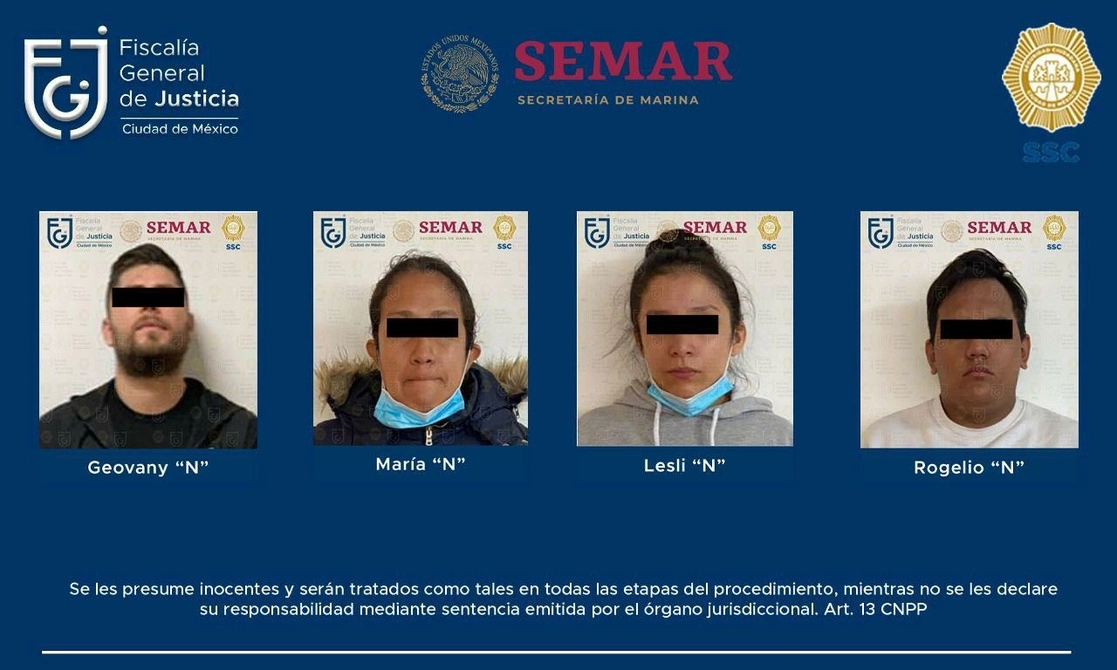 A Geovany “N”, Rogelio “N”, María “N” y Lesli “N” se les impuso la medida cautelar de prisión preventiva justificada. Foto cortesía de la FGJ-CDMX