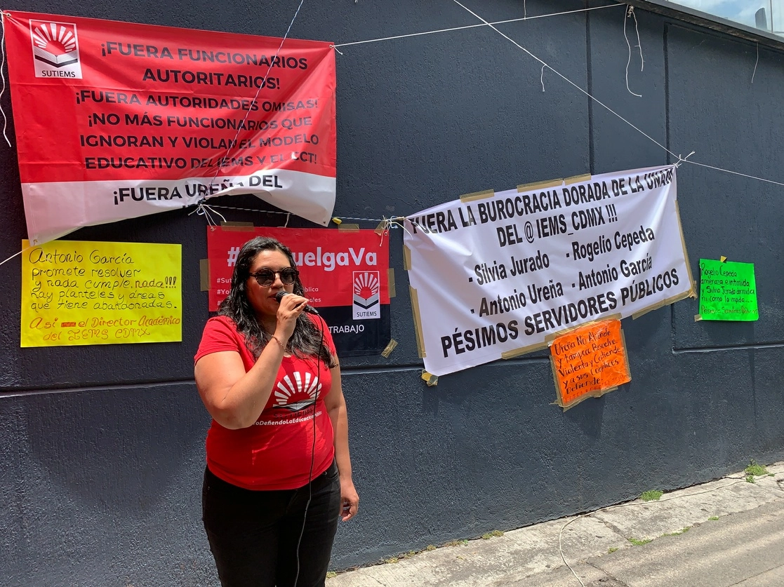 Durante una conferencia del Sindicato de la Unión de Trabajadores del Instituto de Educación Media Superior de la Ciudad de México, el pasado 13 de junio. Foto Pablo Ramos