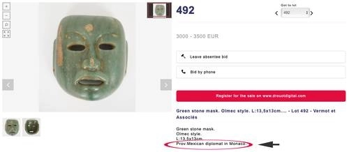 Máscara de piedra verde, olmeca, cuyo actual dueño es un diplomático mexicano en Mónaco, dice Vermot & Associés. Foto de la página web de la firma
