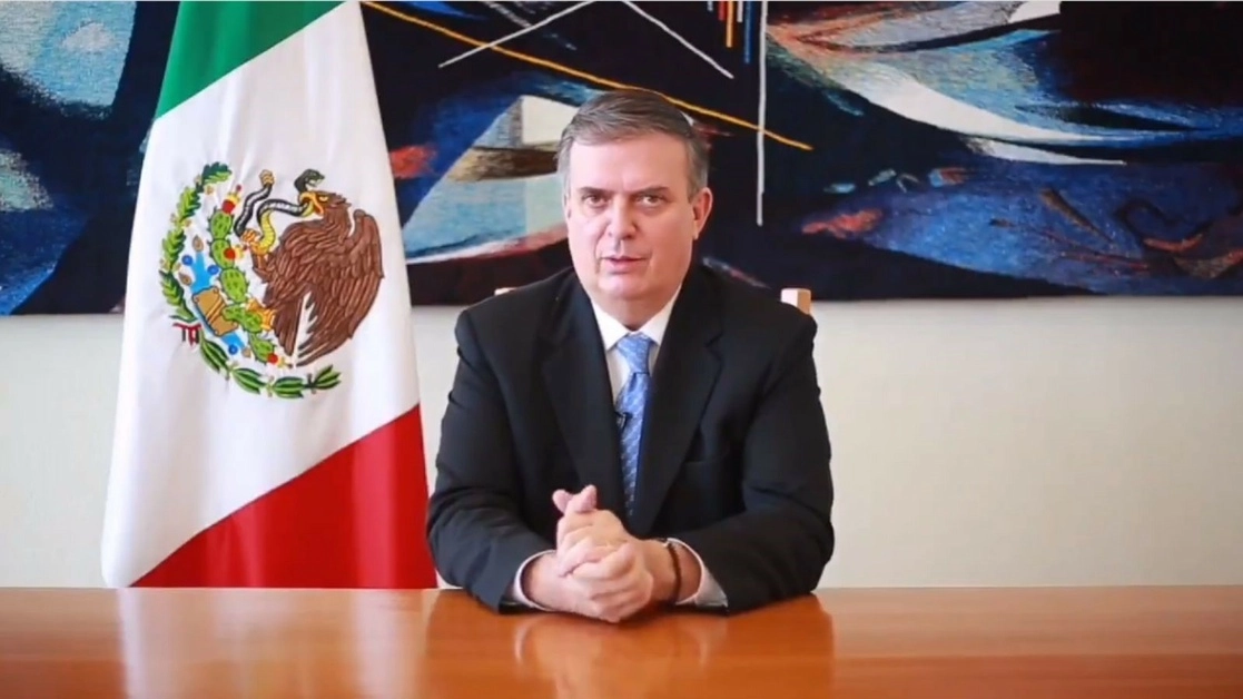 El secretario de Relaciones Exteriores, Marcelo Ebrard, durante su mensaje, el 15 de julio de 2021. Imagen tomada de un video difundido a través del Twitter de @m_ebrard
