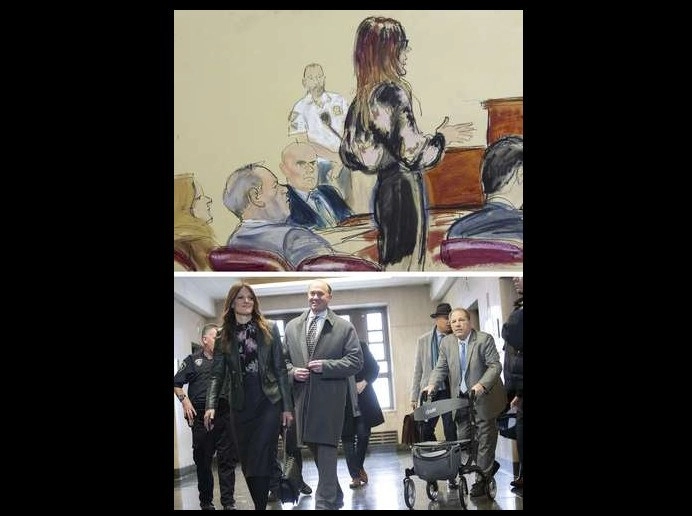 Boceto de la Corte, en la que el acusado escucha a la abogada Donna Rotunno; abajo, a la llegada al juicio. Foto Ap
