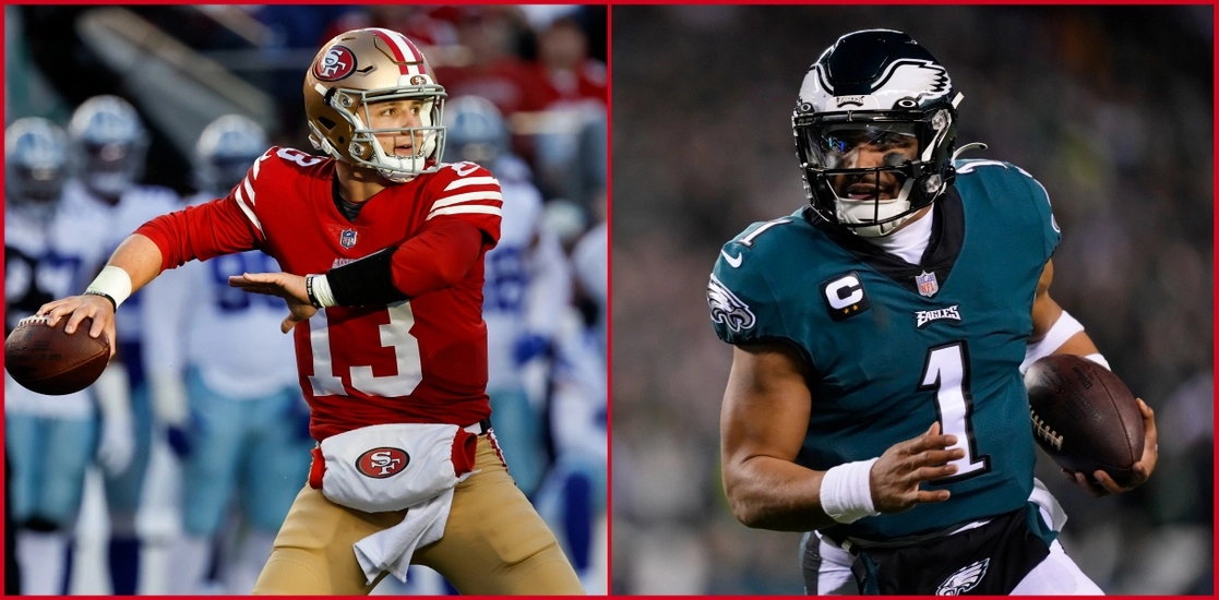 La juventud es el mayor tesoro de los cuatro ‘quarterbacks’ que se enfrentan hoy. Brock Purdy y Jalen Hurts abrirán la jornada con la disputa por el título de la Nacional. Foto Ap 