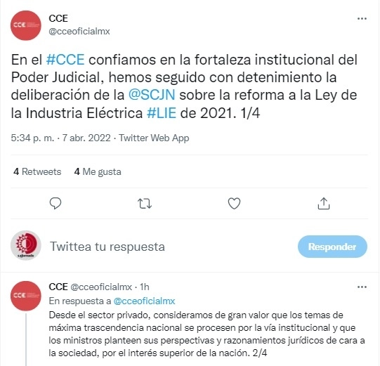 Publicación del CCE en su cuenta de twitter.