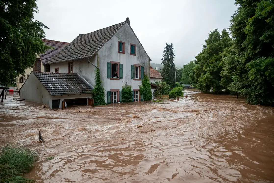 Casas inundadas por un río desbordado en Erdorf, Alemania, el 15 de julio de 2021. Las lluvias constantes inundaron pueblos y sótanos en Renania-Palatinado, en el suroeste de Alemania. Foto Dpa vía Ap