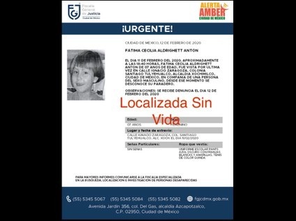 Ayer fue encontrado el cuerpo de Fátima Cecilia “N”, de siete años de edad, en la colonia Los Reyes, en Tláhuac. Imagen de la Alerta Amber de la Fiscalía General de Justicia de la Ciudad de México.