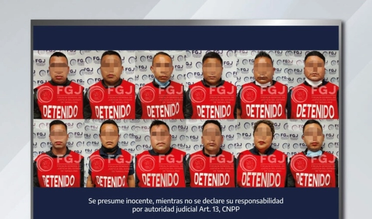 Los 12 policías involucrados en la matanza de 19 personas, entre ellas migrantes guatemaltecos, en la localidad de Camargo, Tamaulipas. Foto 'La Jornada'