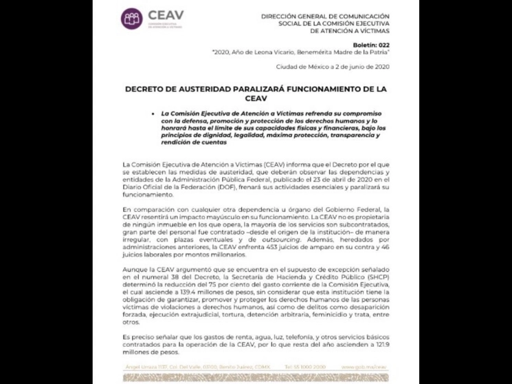 Comunicado de la CEAV, tomado de su cuenta en Twitter @CEAVmex