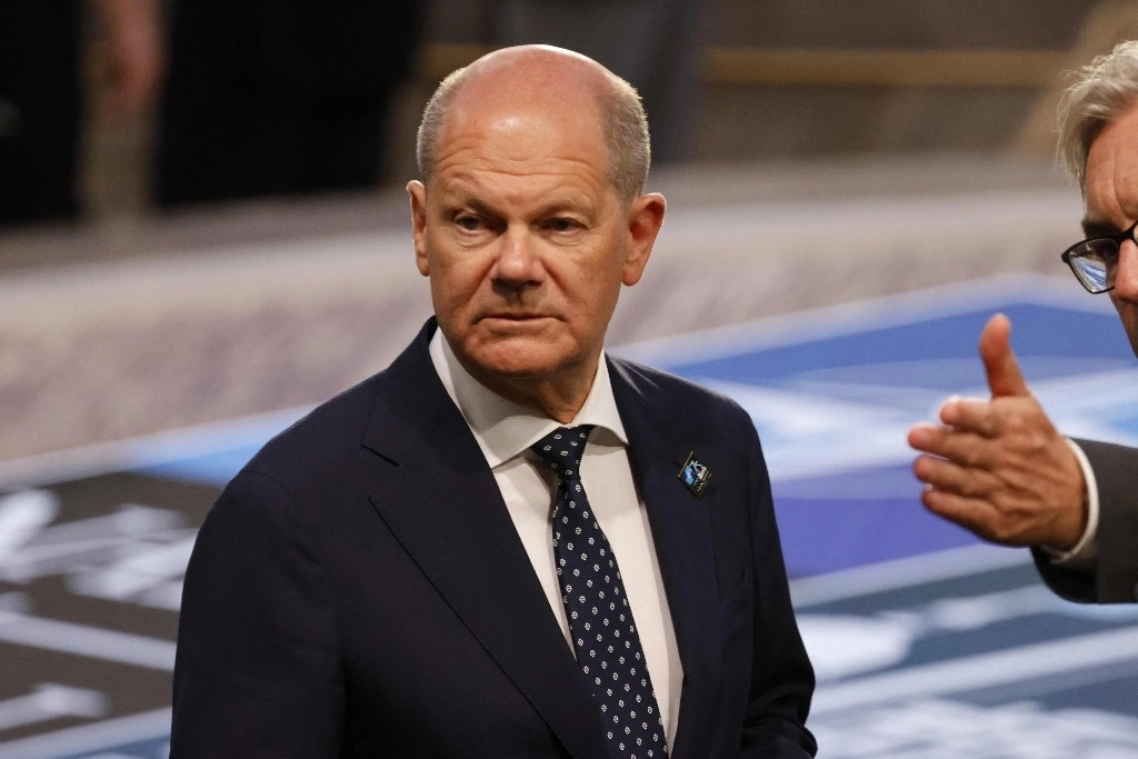 El canciller de Alemania, Olaf Scholz, durante la cumbre del 75 aniversario de la OTAN, en Washington, EU. Foto Afp