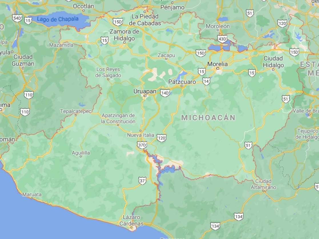 11 personas murieron ayer en acciones violentas, presuntamente ligadas al crimen organizado, en diferentes lugares de Michoacán. Imagen tomada de Google Maps
