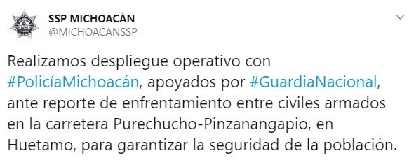 En el municipio de Huetamo este mediodía se registró un enfrentamiento entre dos grupos de la delincuencia organizada, lo que dejó un saldo de ocho muertos, informó la Secretaría de Seguridad Pública del estado. Foto Twitter @MICHOACANSSP