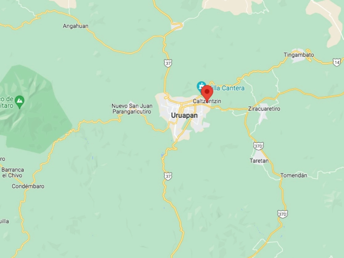 En la comunidad de Caltzontzin, municipio de Uruapan, un hombre murió y otro resultó lesionado tras un ataque a un centro de rehabilitación contra las adicciones denominado “El justo juez”, informó la SSP de Michoacán. Imagen tomada de Google Maps