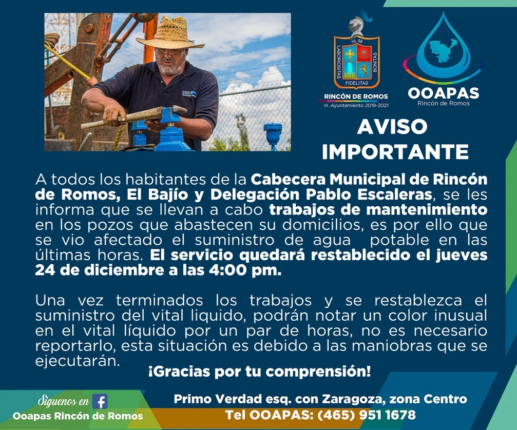 En redes sociales, la OOAPAS informó a los usuarios que el suministro de agua quedaría restablecido el 24 de diciembre. Foto tomada de facebook.com/ooapasrincon 