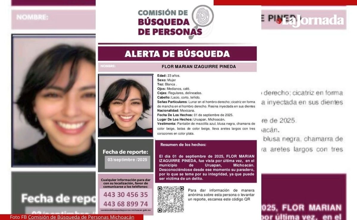 El pasado 1° de septiembre fueron vistas por última en Uruapan, Michoacán, A Guadalupe Vázquez Mondragón, Berenice Mondragón Flores y Flor Izaguirre Pineda (en la imagen). Foto 