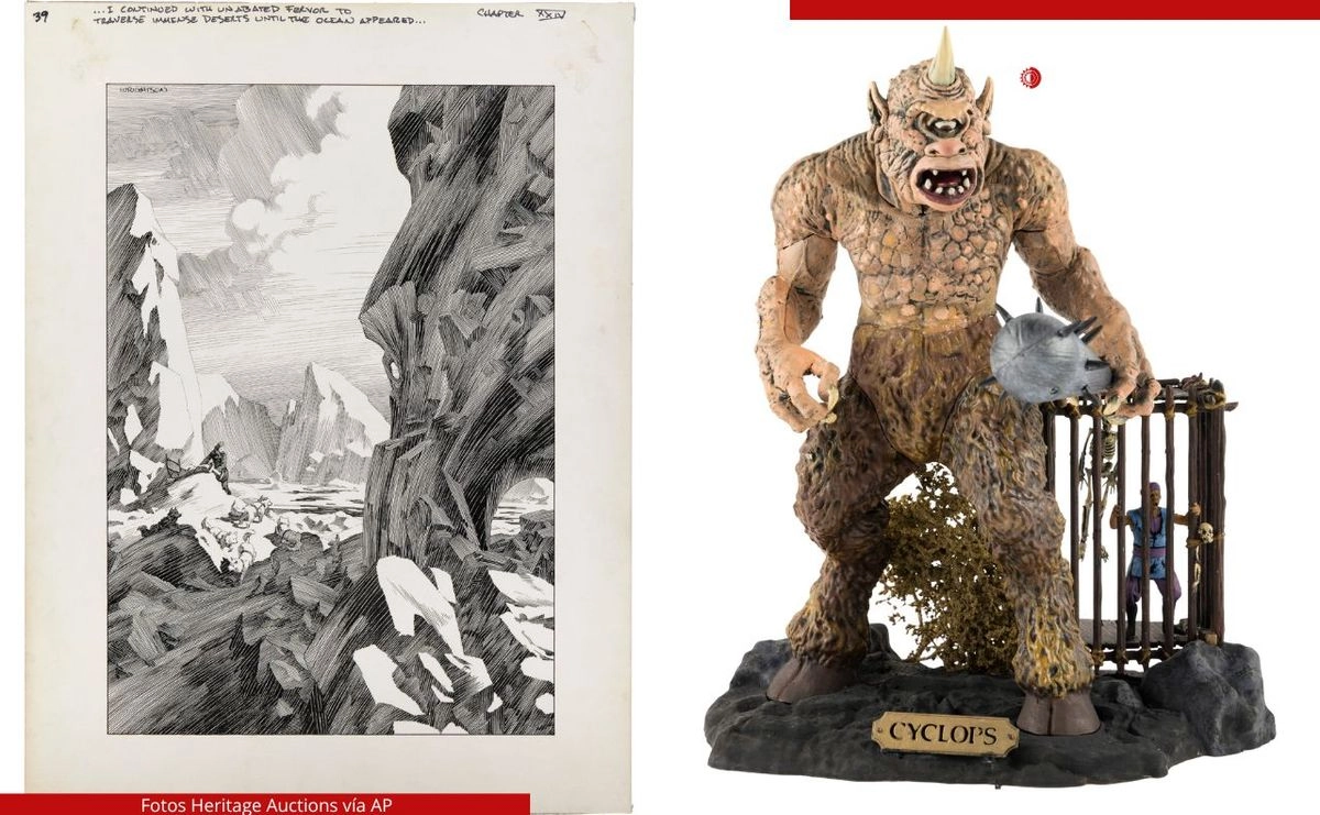 A la izquierda, dibujo original de Bernie Wrightson basado en la novela 'Frankenstein' de Mary Shelley. A la derecha, 'Cíclope', maqueta de Ray Harryhausen, "Cyclops", pieza de la colección del cineasta. Ambos son artículos de la colección del director de cine que serán puestos a subasta. Foto 