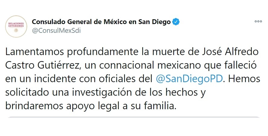 En su cuenta de Twitter, el Consulado General de México en San Diego lamentó el fallecimiento
@ConsulMexSdi
