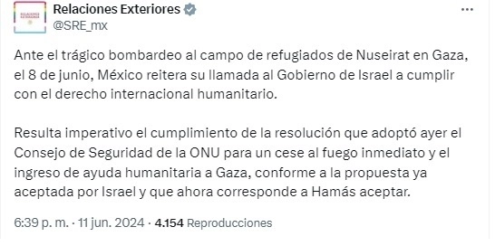 Publicación de la Secretaría de Relaciones Exteriores en su perfil de X.