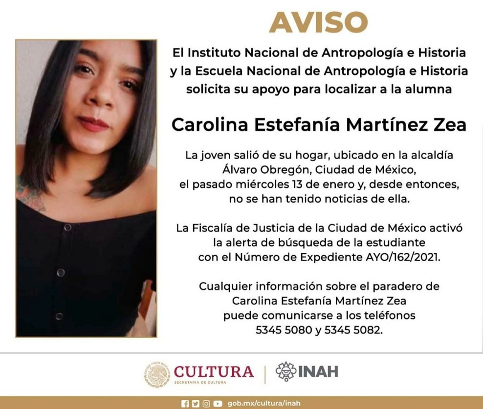 En sus redes sociales el INAH y ENAH solicitaron apoyo para dar con el paradero de la alumna