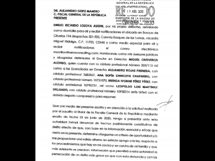 Hoja inicial de la denuncia completa presentada por Emilio Lozoya 