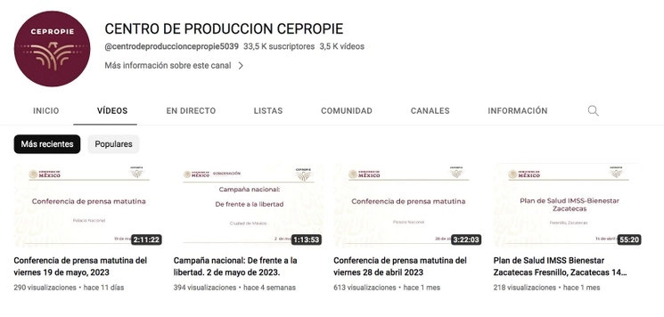 Lista de reproducción de la cuenta en YouTube de Cepropie 