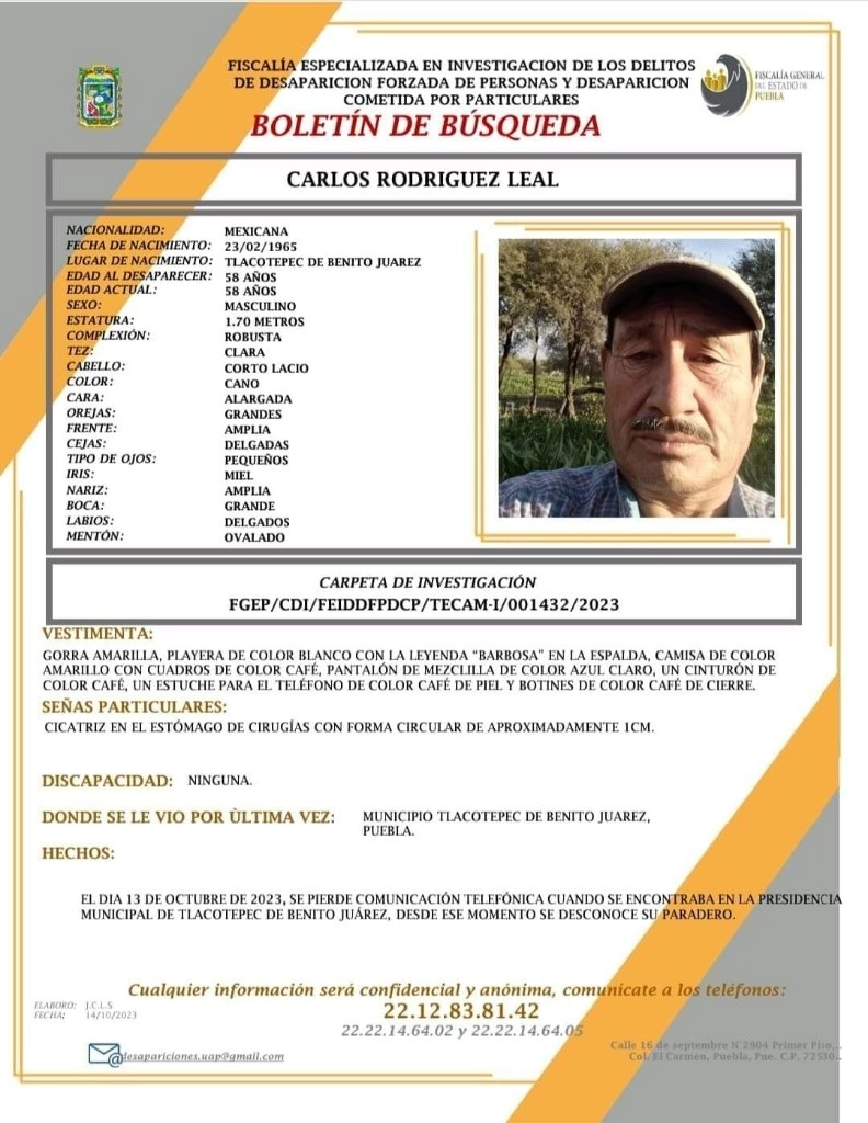 Ficha de búsqueda del activista Carlos Rodríguez Leal. 