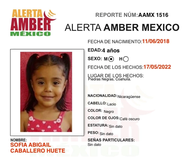 Alerta Amber por desaparición de la menor nicaragüense Sofía Caballero. Foto Especial