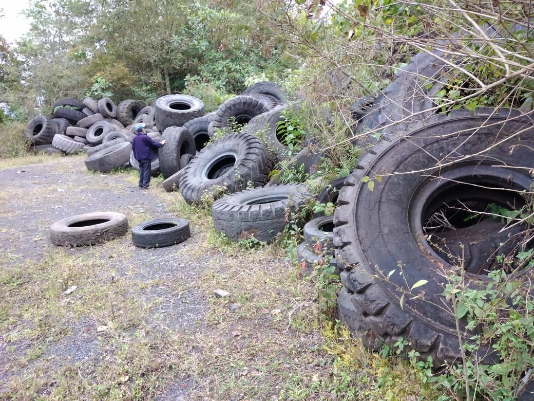 Pobladores señalaron que desde hace 10 años empezó a dejar sus llantas viejas y la mayoría de los neumáticos mide dos metros y medio de diámetro, por el alto tonelaje que deben mover en las actividades mineras. Foto Juan Ricardo Montoya