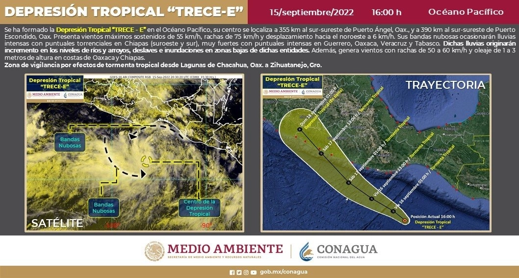 La tormenta tropical ‘13E’ se intensificará en las próximas horas, detalló el SMN. Foto Tomada del Twitter @conagua_clima