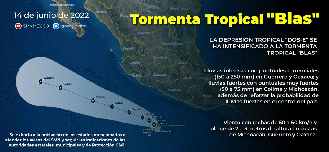 El centro de 'Blas' se localizó a 400 kilómetros al suroeste de Acapulco, Guerrero, y a 615 kilómetros al sur-sureste de Manzanillo, Colima. Gráfico tomado de la cuenta de Twitter @conagua_clima
