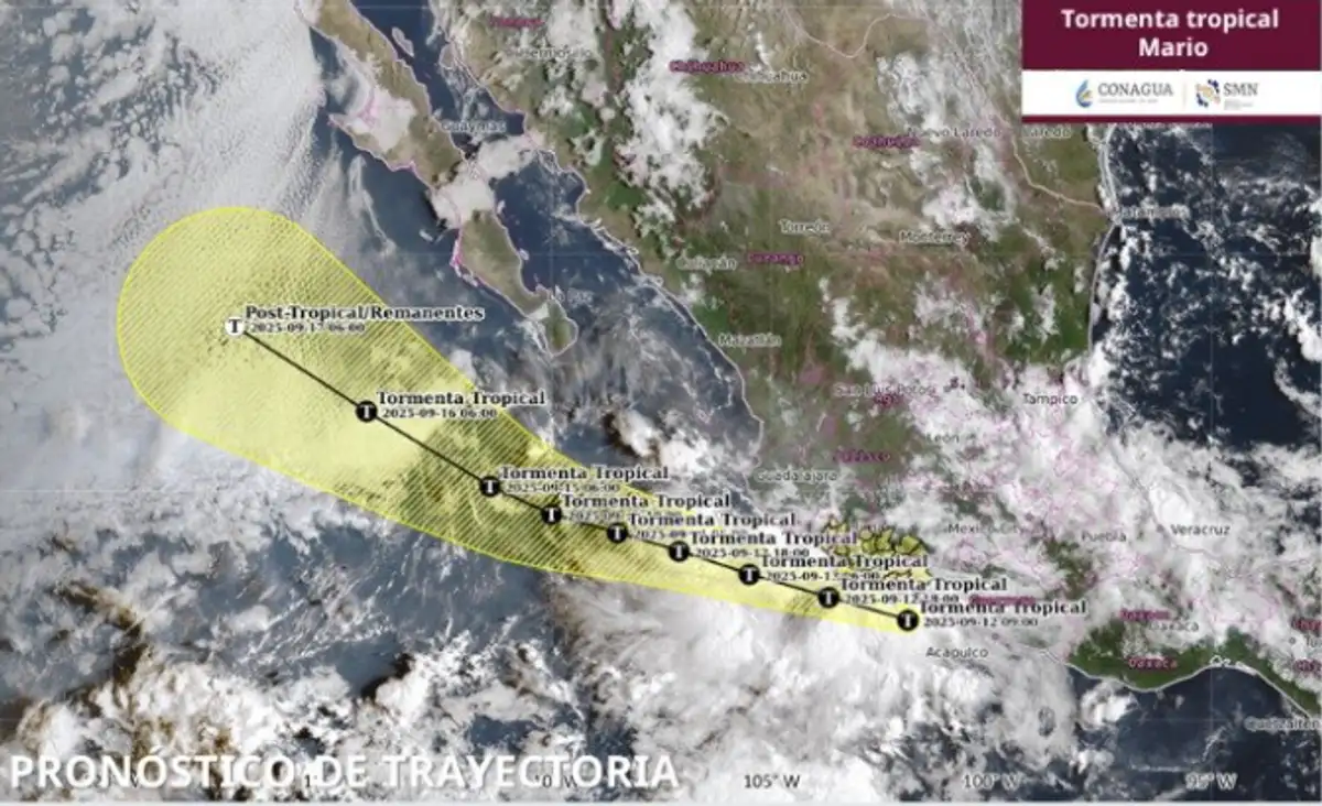 Trayectoria de la tormenta tropical 'Mario', en las costas del Pacífico mexicano 