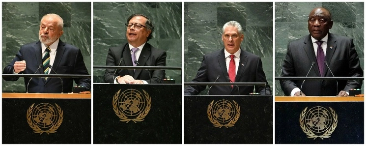 Los presidentes de Brasil, Luiz Inácio Lula da Silva; Colombia, Gustavo Petro; Cuba, Miguel Díaz-Canel, y de Sudáfrica, Cyril Ramaphosa, ayer al comenzar la 78 sesión de la Asamblea General de la ONU, en Nueva York. Foto Afp y Ap 