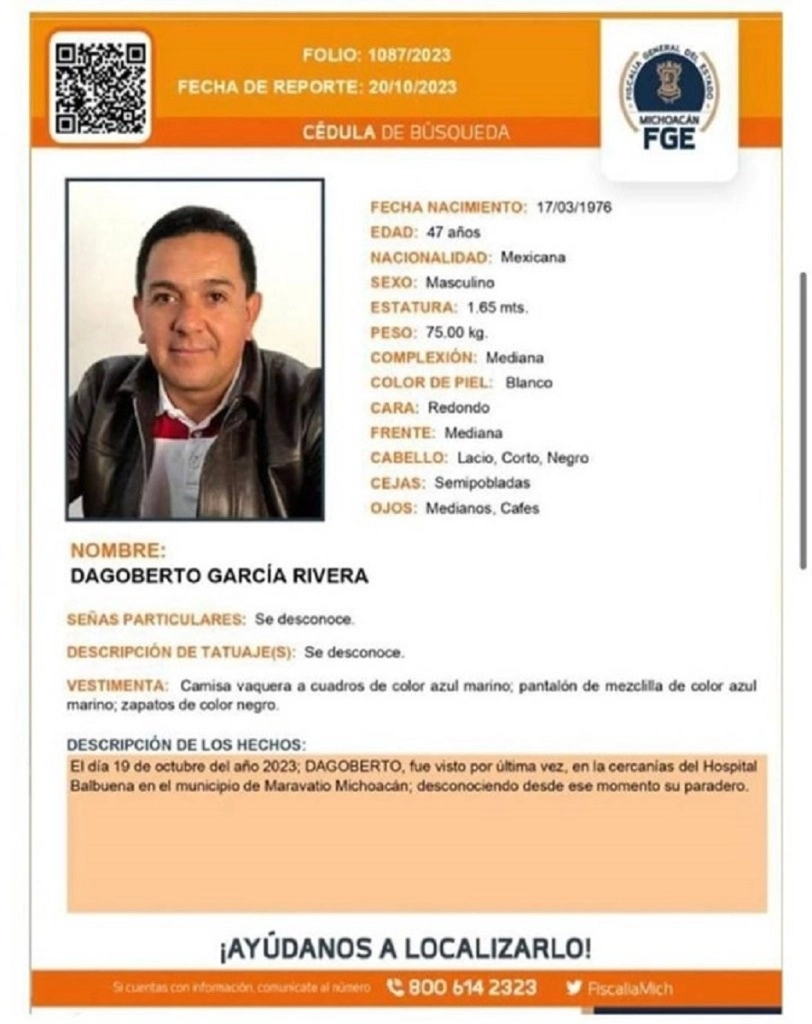 Dagoberto García fue visto por última vez cerca del Hotel Balbuena, en Maravatío Michoacán. Foto Proporcionada por la FGE de Michoacán 