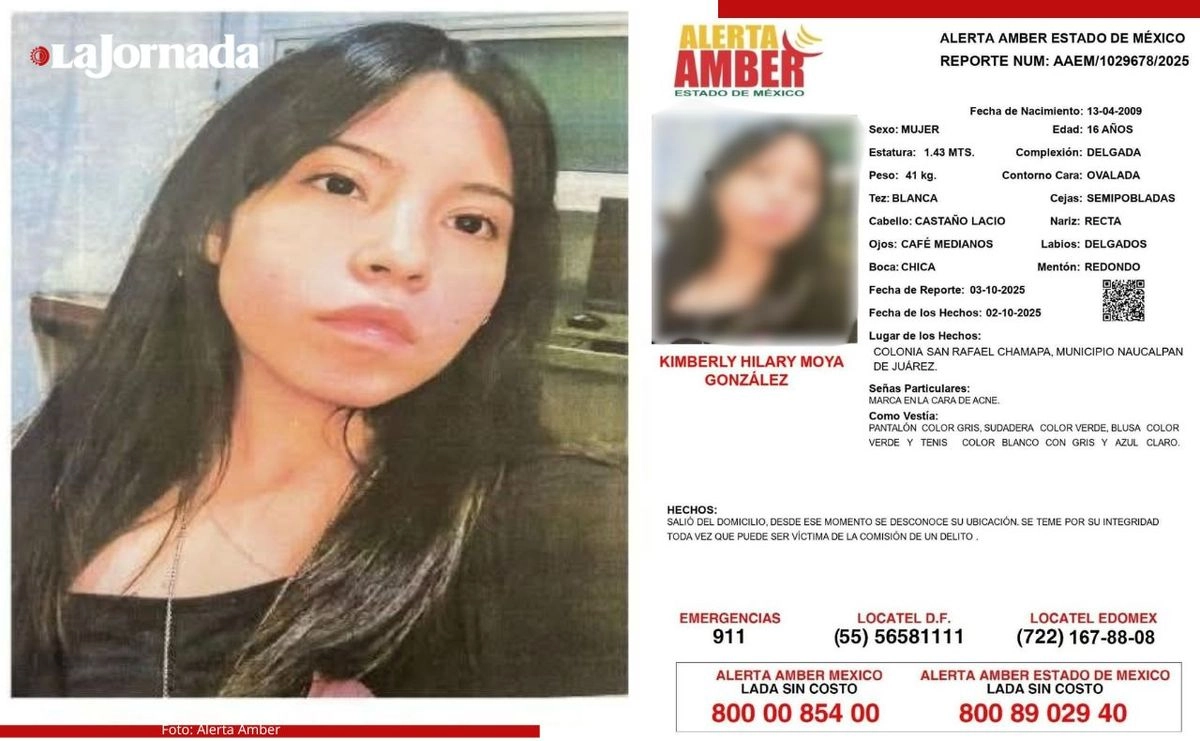La Fiscalía General de Justicia del Estado de México (FGJEM) emitió un boletín de Alerta Amber para solicitar el apoyo de distintos sectores para la localización de la menor de edad. De acuerdo a la cédula de búsqueda, la joven al momento de su ausencia, vestía pantalón de color gros, sudadera y blusa verde, y tenis de blanco con gris y azul claro. Foto 