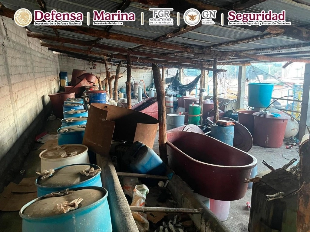 En los operativos simultáneos fueron detenidas 14 personas y se aseguraron dos laboratorios para la elaboración de drogas sintéticas, así como armamento y distintos tipos de droga y precursores químicos. Foto Gabinete de seguridad