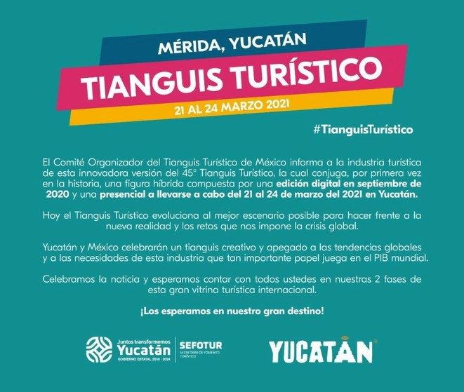 La edición 45 del Tianguis Turístico en Yucatán se realizará en dos etapas, una virtual y otra presencial. Foto  @Sefotur_Yuc
