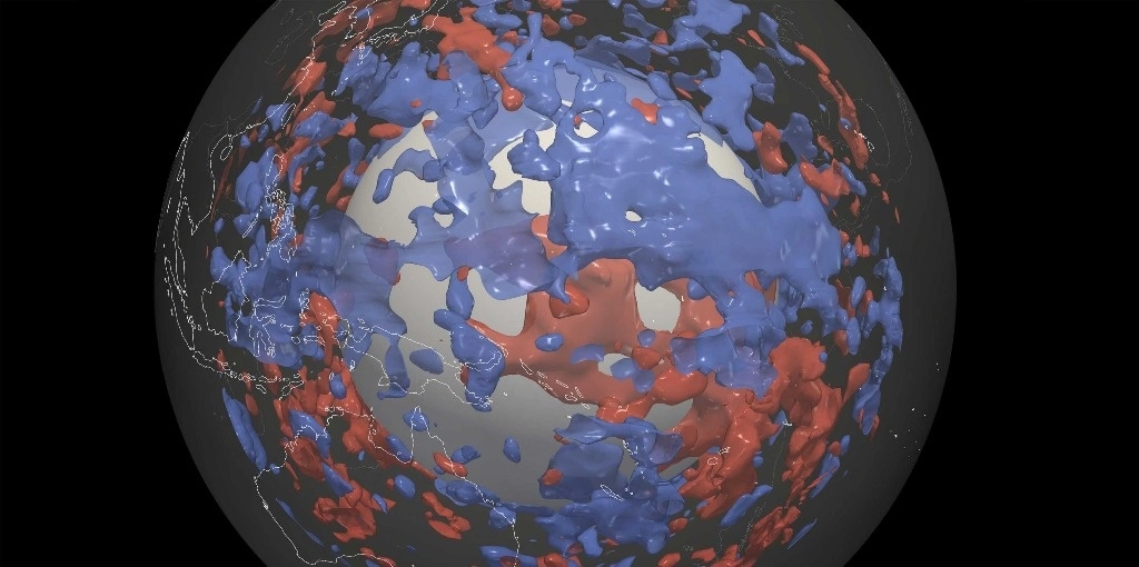 Utilizando un nuevo modelo, investigadores descubrieron sitios en el manto inferior de la Tierra donde las ondas sísmicas viajan más lento (en rojo) o más rápido (en azul). La gran zona azul es el Pacífico occidental (justo en el centro de la imagen). Foto Sebastian Noe / ETH / Zúrich 