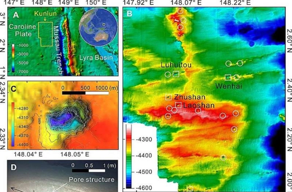 Actividades hidrotermales y distribución de enjambres de tuberías en la placa de subducción cerca de la fosa de Mussau. 

