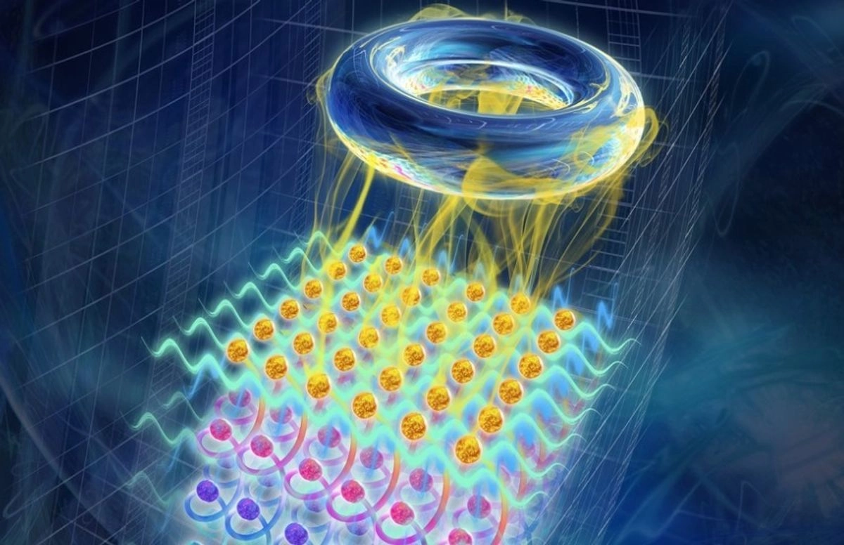 Impresión artística que representa la materia ultracuántica: desde la materia topológica fría (azul) hasta el metal caliente y fuertemente correlacionado (rojo). Investigadores de la Universidad de California, Irvine, han descubierto un nuevo estado de la materia cuántica, similar a cómo el agua puede existir en estado líquido, hielo o vapor. 