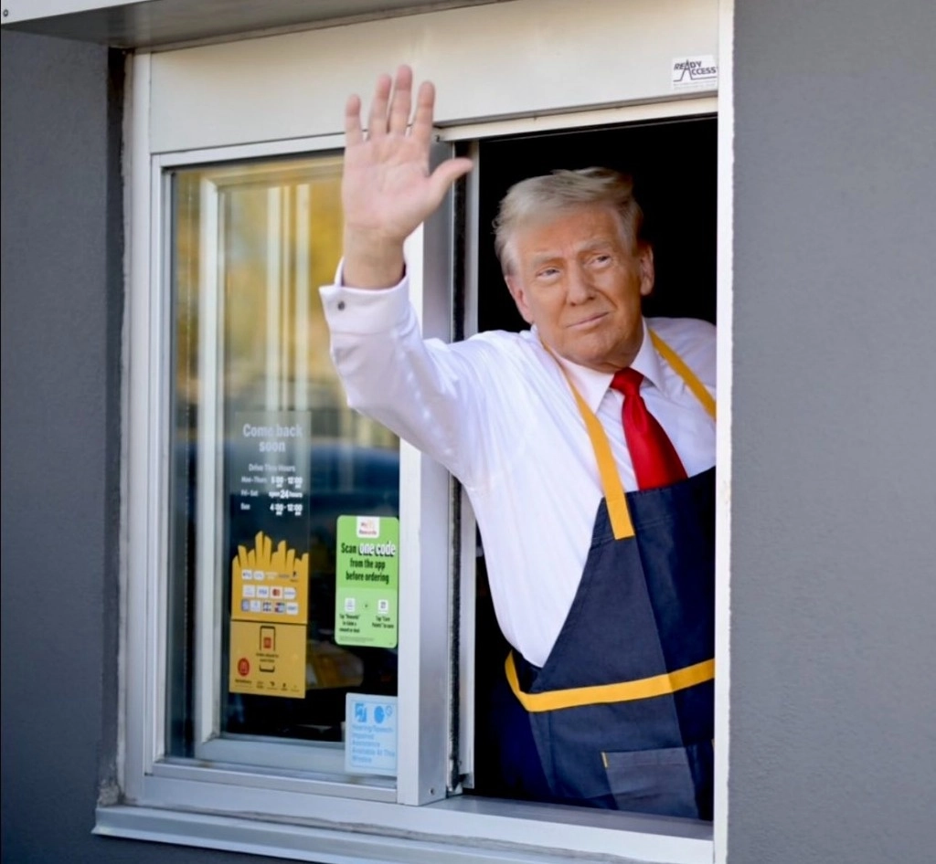 Donald Trump atendiendo en una sucursal de McDonald's en imagen tomada de su perfil de X.