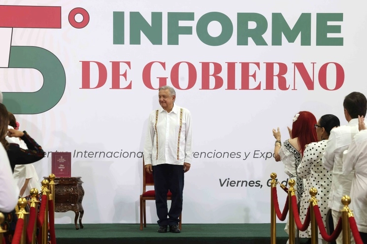 El presidente Andrés Manuel López Obrador durante su Quinto Informe de Gobierno, en Campeche, el 1 de septiembre de 2023. Foto Presidencia