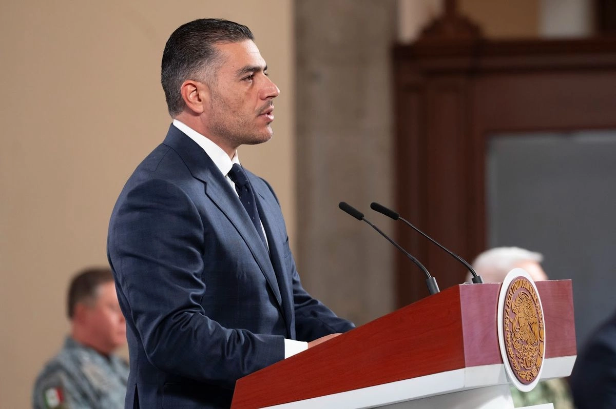 El secretario de Seguridad y Protección Ciudadana, Omar García Harfuch, durante la conferencia presidencial matutina desde Palacio Nacional, en la Ciudad de México, el 22 de julio de 2025. 