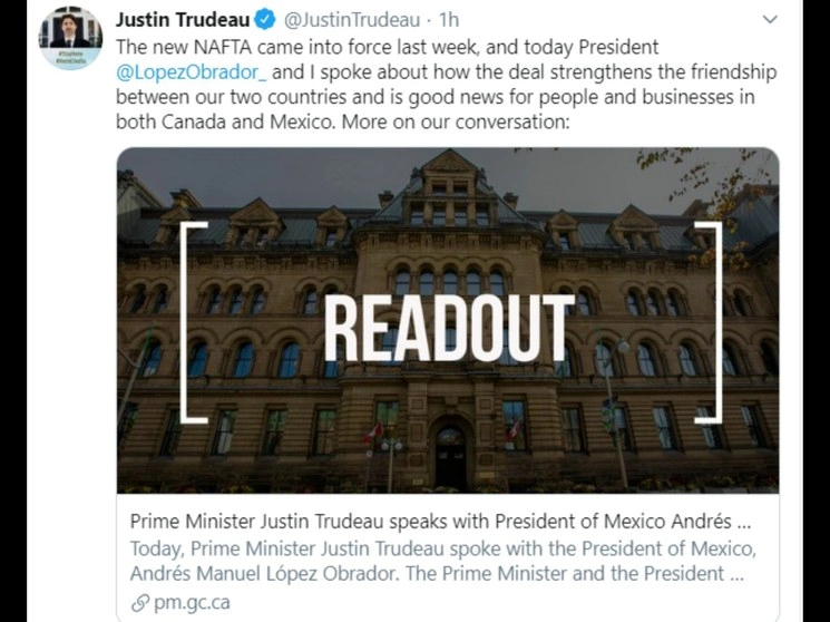 Imagen del mensaje publicado en la cuenta en Twitter del primer ministro canadiense, Justin Trudeau  