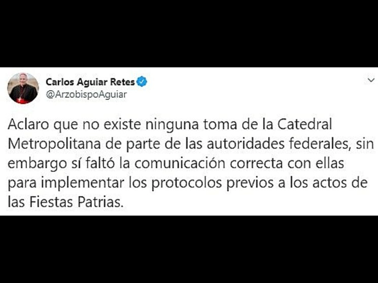 Existió una falta de comunicación con las autoridades federales “para al implementar los protocolos previos a los actos de las Fiestas Patrias”, aclaró el religioso en su cuenta de Twitter. Imagen tomada de dicha cuenta @ArzobispoAguiar