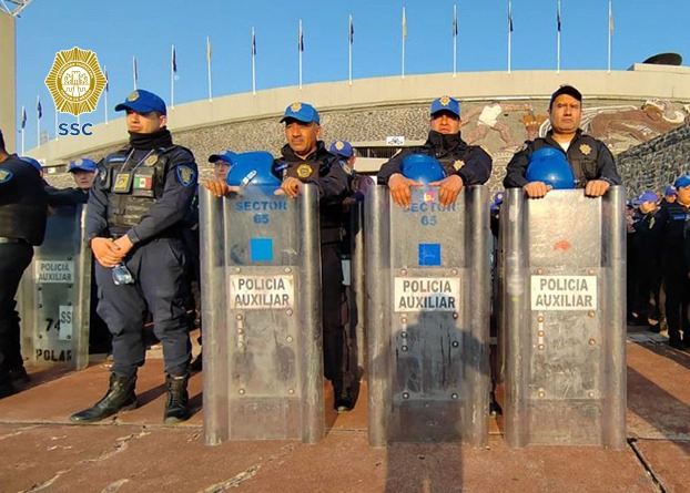 Unos 600 policías auxiliares con 15 unidades se distribuirán al exterior e interior del estadio CU, el 9 de abril de 2023. Foto cortesía SSC
