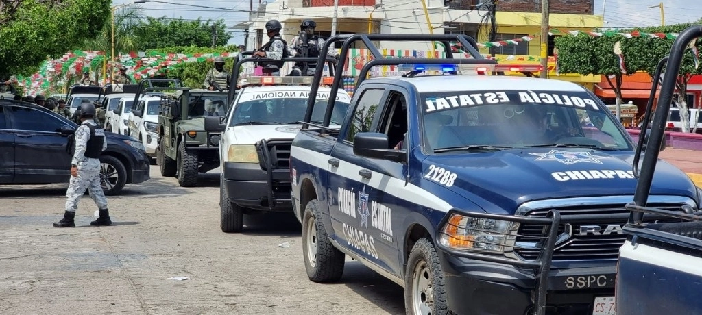 Unos 250 elementos de distintas corporaciones fueron desplegados en el municipio de Suchiate, Chiapas. Foto cortesía SsyPC Chiapas