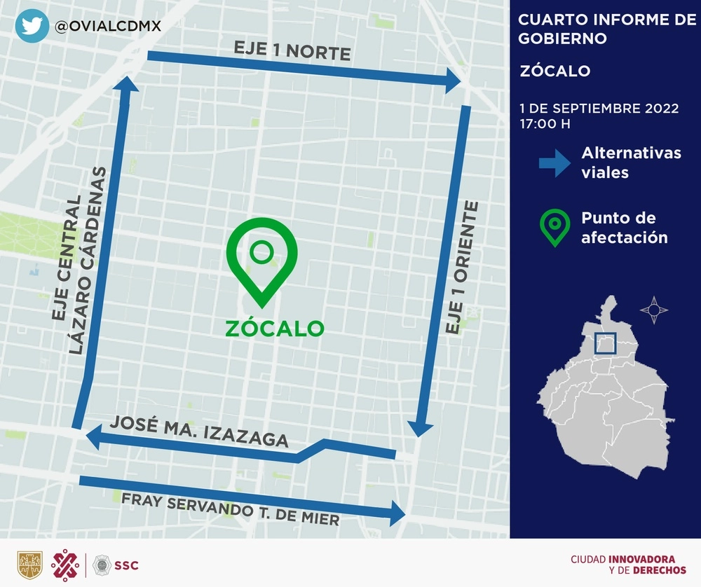 Entre las calles afectadas están Circuito Plaza de la Constitución, Pino Suárez, 20 de noviembre y 5 de febrero. Imagen tomada del Twitter de @OVIALCDMX