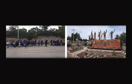 Familiares de las víctimas, profesores, ONG y pobladores de diversas localidades conmemoraron ayer la lucha del pueblo de Nochixtlán. A la derecha, el Comité de Víctimas por Justicia y Verdad 19 de Junio colocó una ofrenda floral en el monumento a los caídos. Foto revista Educación Popular