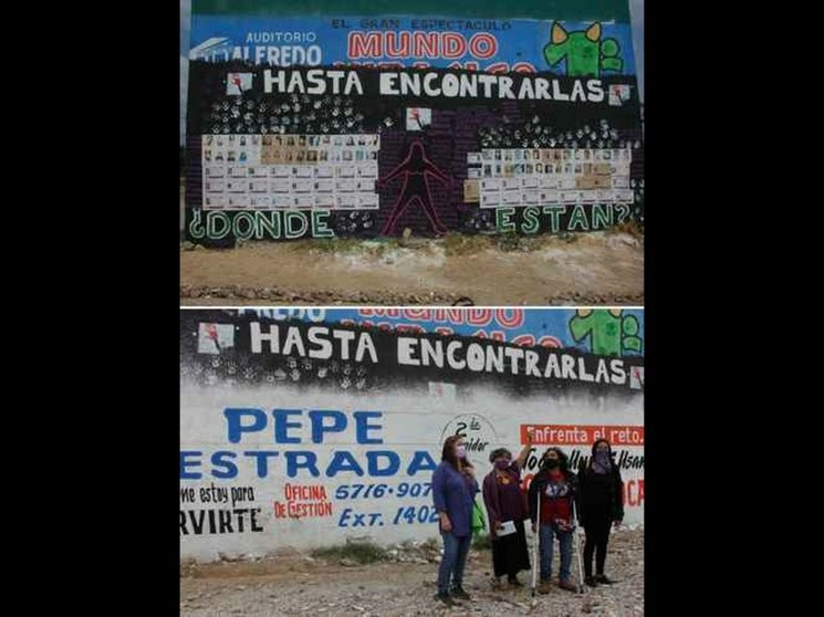 El mural ‘Hasta encontrarlas’, ubicado en los frontones del camellón del Bordo de Xochiaca, en Nezahualcóyotl, estado de México, que tenía fotos y fichas de búsqueda de 125 mujeres desaparecidas, fue sustituido por propaganda del panista José Estrada, segundo regidor del municipio, por lo que integrantes de la agrupación Vivas en la Memoria manifestaron su indignación. Foto Diana Ramón
