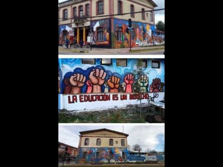 En las dos primeras imágenes se observa el mural localizado en la ciudad Osorno, en Chile, antes de su destrucción. La pintura se realizó en 2018, durante el segundo Encuentro Internacional de Muralismo Canto y Poesía, en homenaje a la premio Nobel de Literatura 1945. Foto cortesía de Polo Castellanos