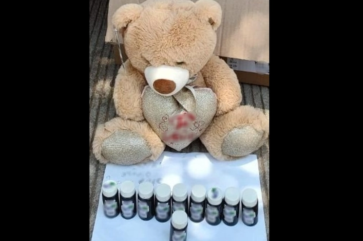 En el interior del oso de peluche se encontraron diez frascos con la etiqueta “purple drank”. Foto cortesía GN